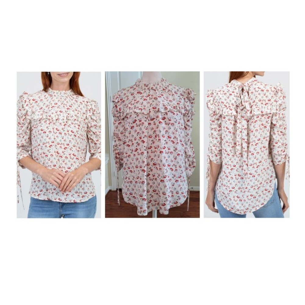 Veronica Beard 100% Silk Howell Blouse Beige Size 2 Floral Ruffle Cottage Preppy